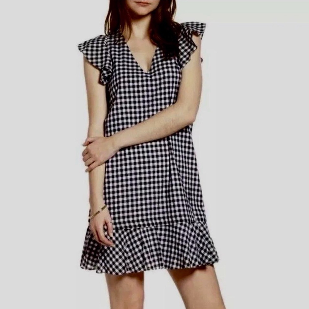 Madewell Black & White Gingham Ruffle Sleeve Summer Mini Dress 100% cotton